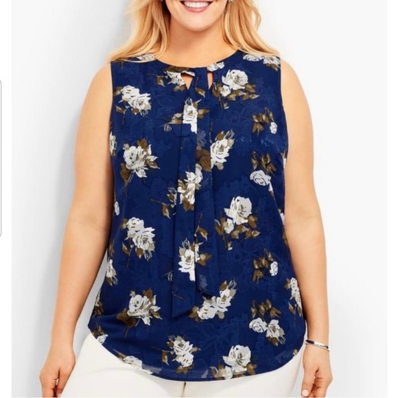 Talbot Navy Floral Sleeveless Tie Neck Blouse Size XS - Picture 1 of 10
